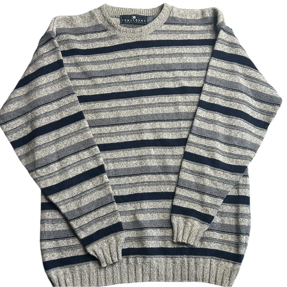 Consensus‎ Sportswear Men’s Striped Crewneck Sweater Gray Navy Medium
